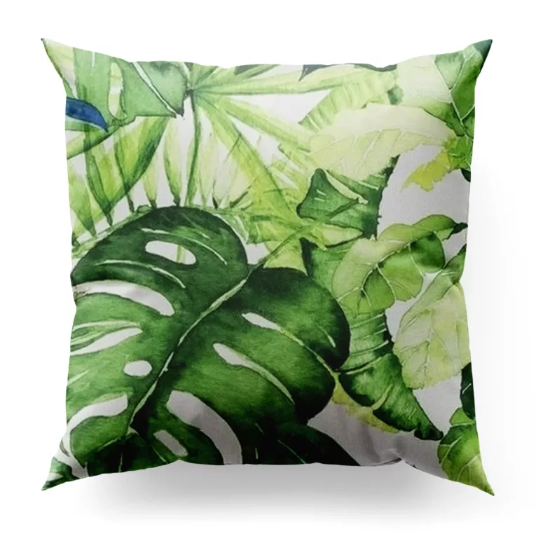 Poszewka szyta kremowo zielona z miękkiej tkaniny typu blackout drukowanej we wzór botaniczny