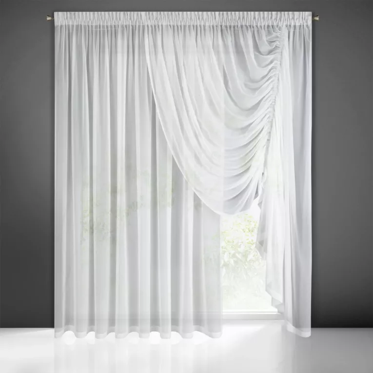 Firana biała na okno balkonowe z asymetrycznym podpięciem 500x250 cm taśma ANABEL Eurofirany
