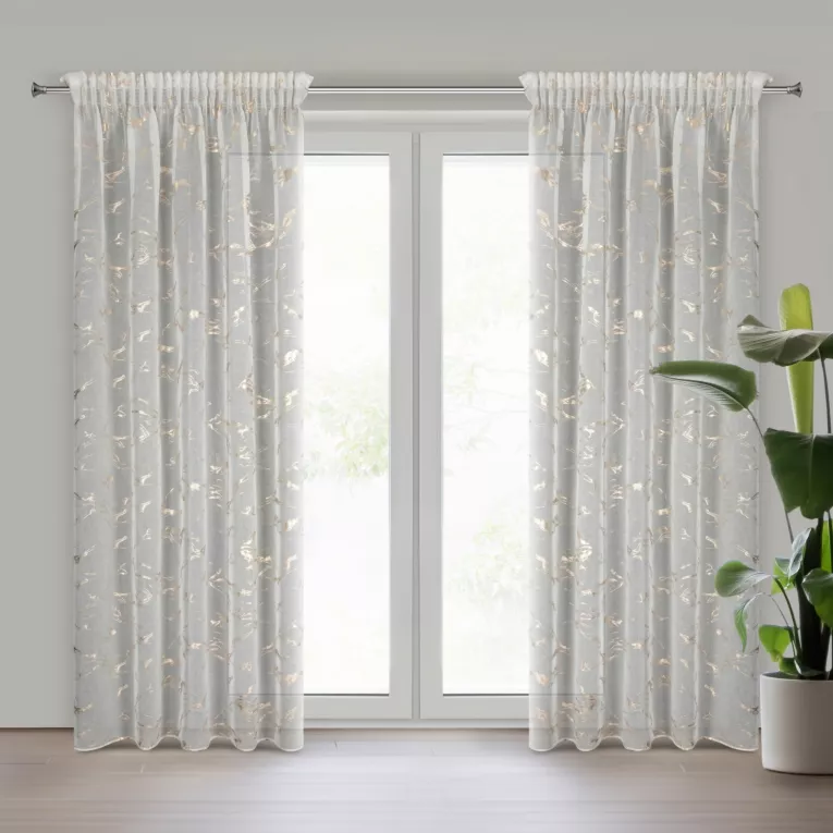 Dekoracja okienna biało, złocista z etaminy zdobiona błyszczącym marmurkowym wzorem 140x270 cm taśma ALINA Eurofirany