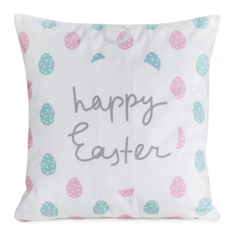 Poszewka na poduszkę 45x45 cm z weluru, wielkanocna zdobiona nadrukiem pisanek biało, niebieska WIOSNA 9 Eurofirany