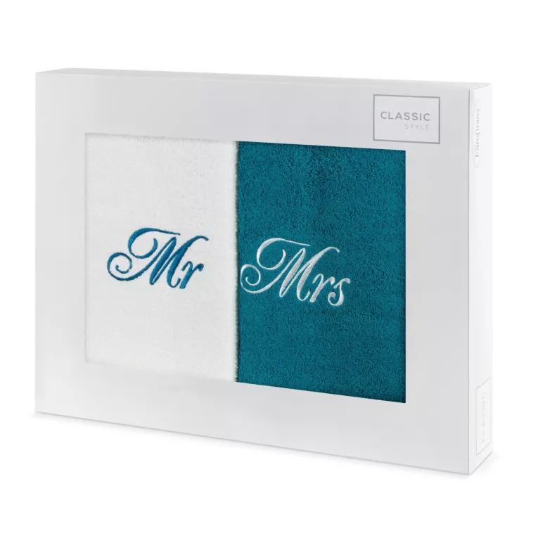 Zestaw ręczników bawełnianych 2 szt 70x140 cm z haftem MR&MRS kolor biały,turkusowy 400 g/m2 Eurofirany