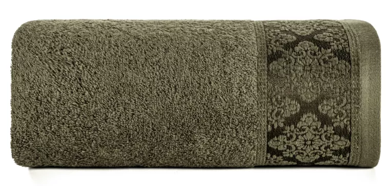 Ręcznik do rąk 30x50 cm bawełniany kolor ciemnooliwkowy z żakardowym wzorem ornamentów 500 g/m2 SARA Eurofirany