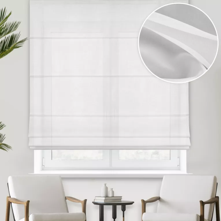 Roleta rzymska biała z wysokiej jakości niepalnego woalu z certyfikatem, wykończona obciążnikiem