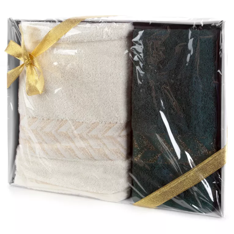 Zestaw ręczników bawełnianych 2 szt kolor kremowy, ciemnozielony 450 g/m2 GLOW Eurofirany