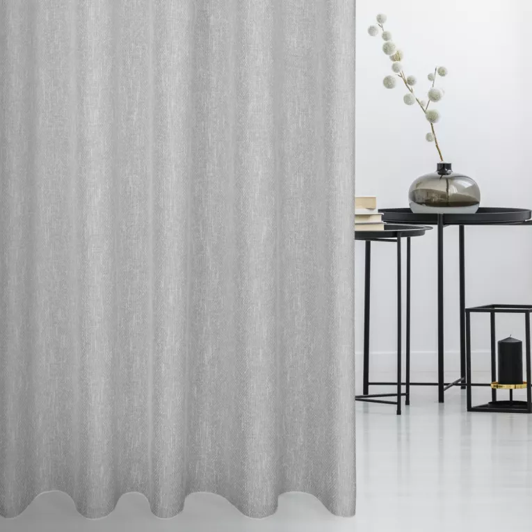 Zasłona szyta na taśmie fala srebrna z tkaniny o naturalnym splocie z efektem bukli, wykończona obciążnikiem