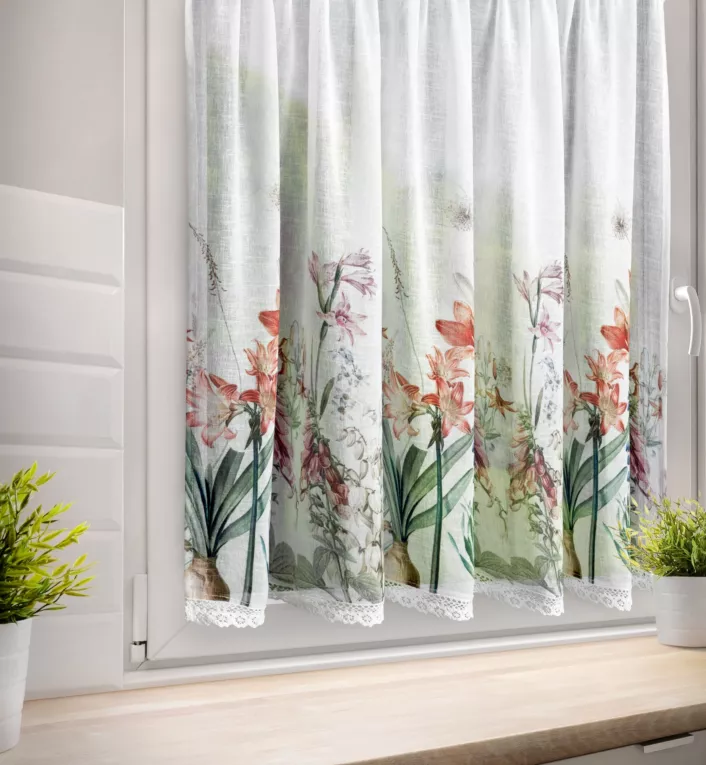 Zazdrostka biało, fioletowa zdobiona nadrukiem letnich kwiatów 90x150 cm tunel NEMEZJA Eurofirany