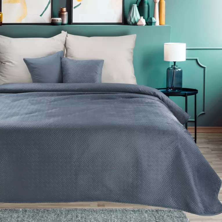 Narzuta welwetowa grafitowa 200x220 cm pikowana metodą hot press wzór geometryczny LUIZ Eurofirany