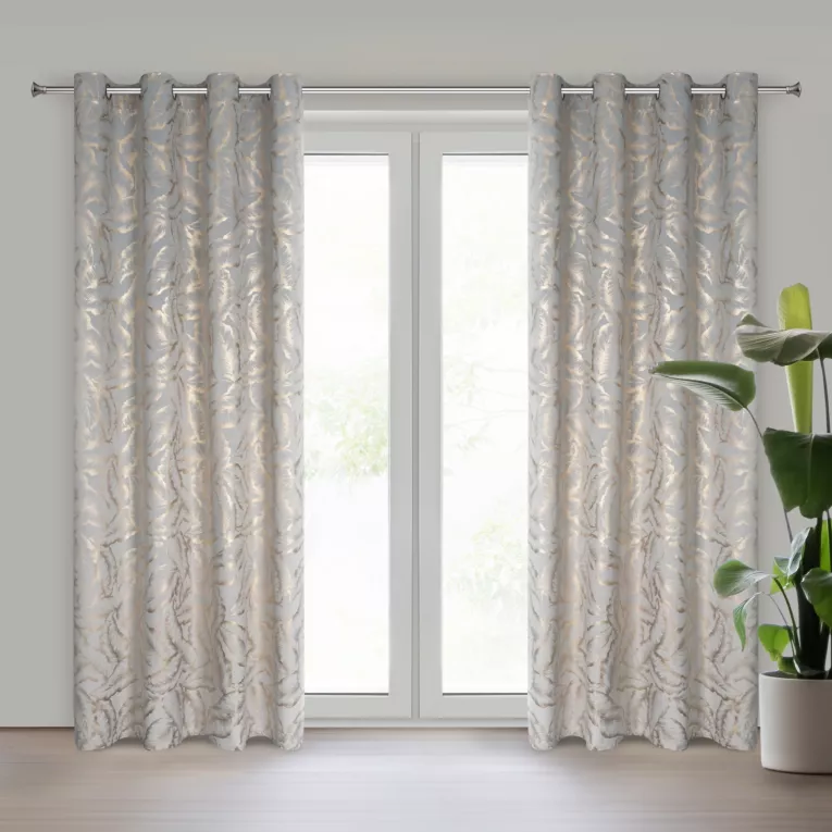 Zasłona srebrno szampańska zdobiona nadrukiem liści 140x250 cm złota przelotka - MILENA Eurofirany