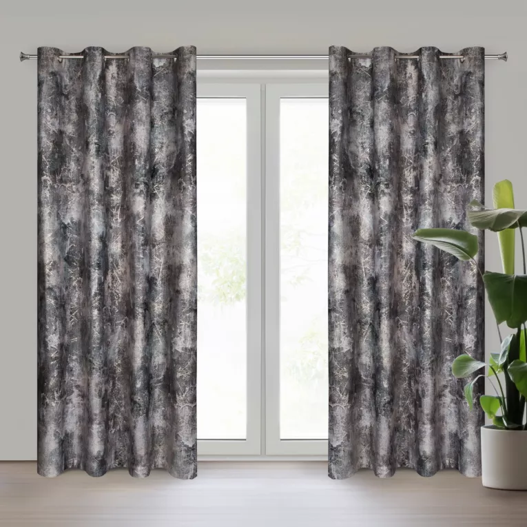 Zasłona brązowo, szara zdobiona błyszczącym przecieranym nadrukiem z welwetu 140x250 cm przelotka ESTER Eurofirany