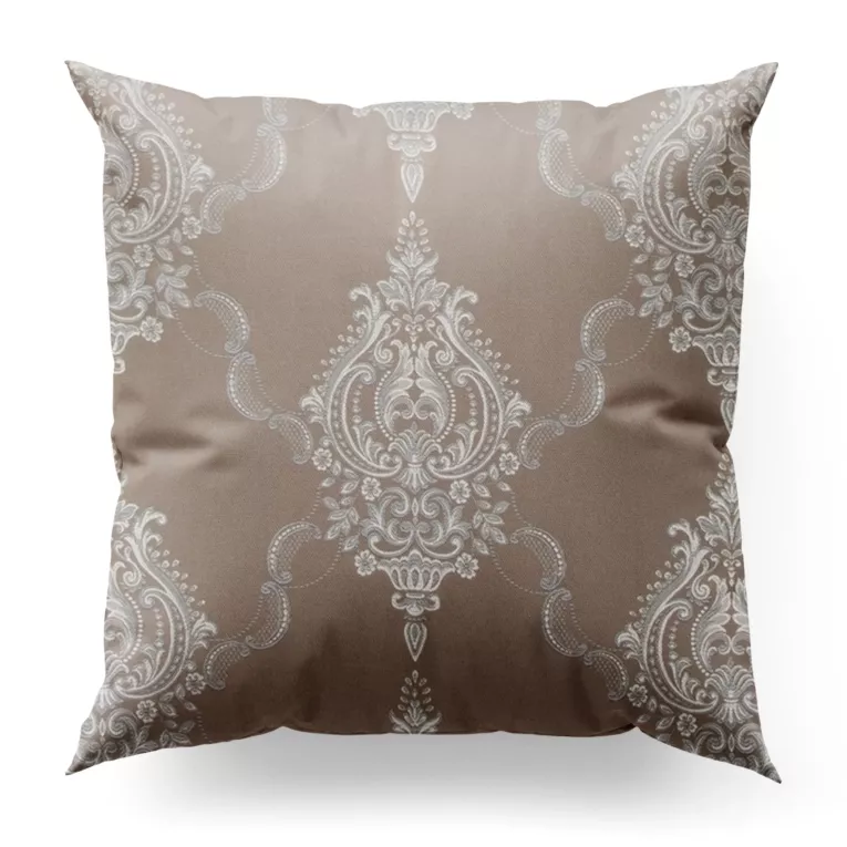 Poszewka szyta ciemnobeżowo srebrna z eleganckiej tkaniny w duży ornamentowy wzór