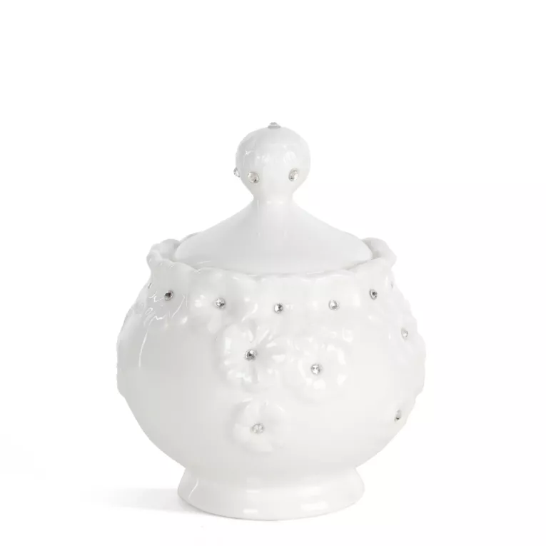 Pojemnik dekoracyjny biały zdobiony w drobne kwiaty z błyszczącym wykończeniem 10x12 cm ELISA  Eurofirany