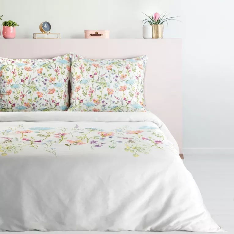 Pościel 220x200 cm bawełniana kolor biały, zielony z botanicznym wzorem w stylu romantycznym SPRING 24 Eurofirany