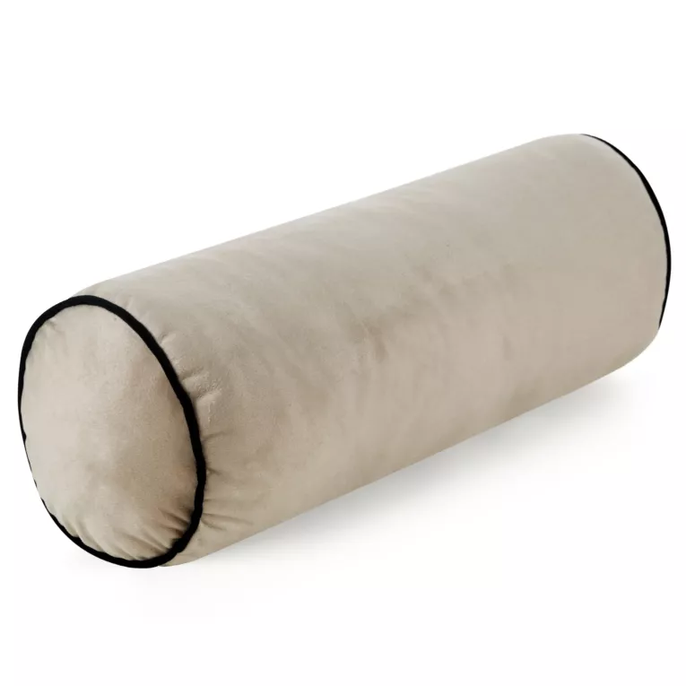 Poduszka dekoracyjna wałek 45 x 15 cm welwetowa beżowa zdobiony kontrastującą lamówką GAJA Eurofirany