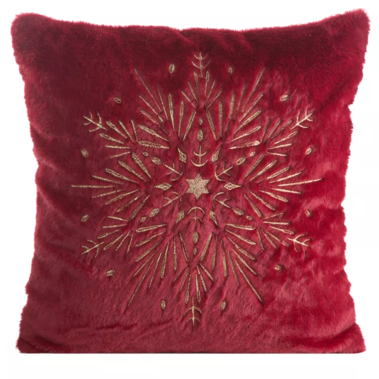Poszewka na poduszkę świąteczna 45x45 cm bordowo, szampańska z przyjemnego futerka zdobiona haftem śnieżynki Eurofirany