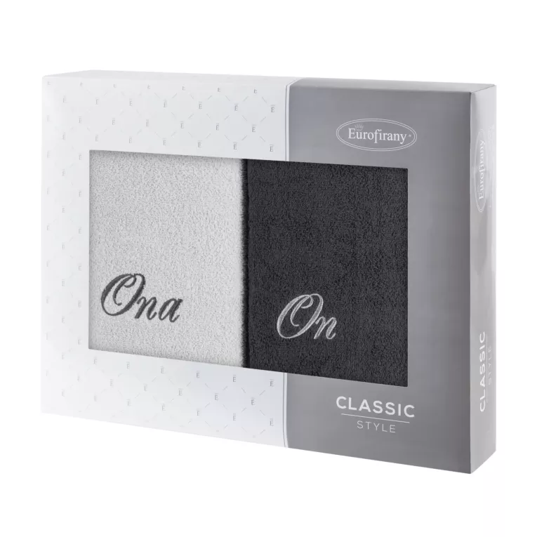 Zestaw ręczników bawełnianych 2 szt 70x140 cm z haftem ONA I ON kolor srebrny,stalowy 400 g/m2 Eurofirany
