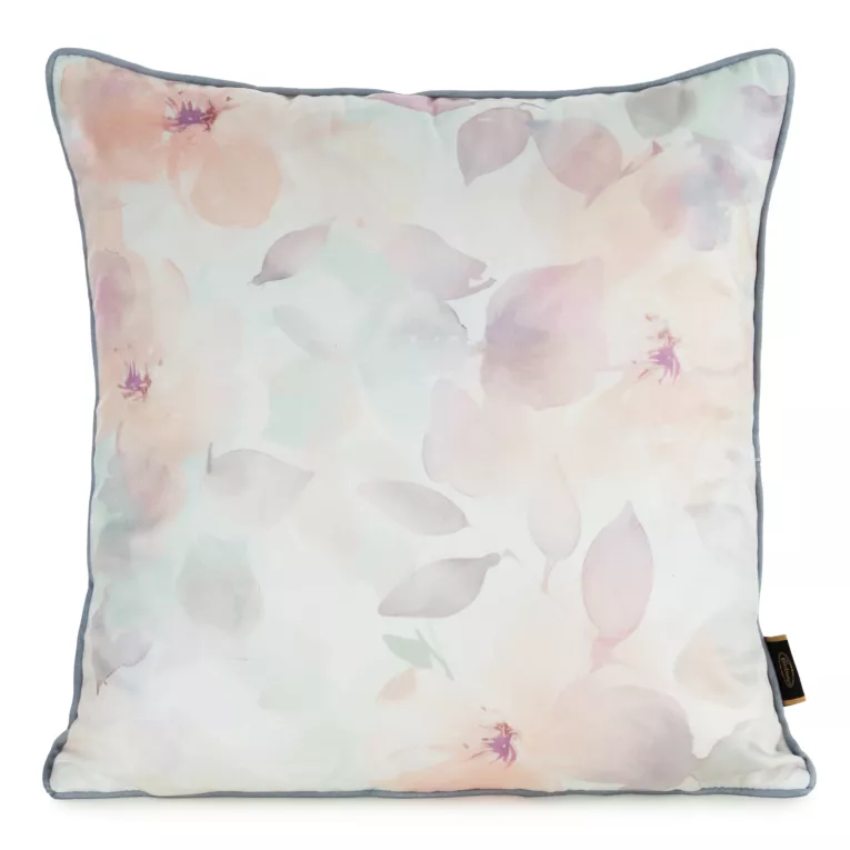 Poszewka na poduszkę 45x45 cm welwetowa z nadrukiem pastelowych kwiatów i ozdobną kontrastującą wypustką biało, pomarańczowa VELVET 148 EUROFIRANY PREMIUM
