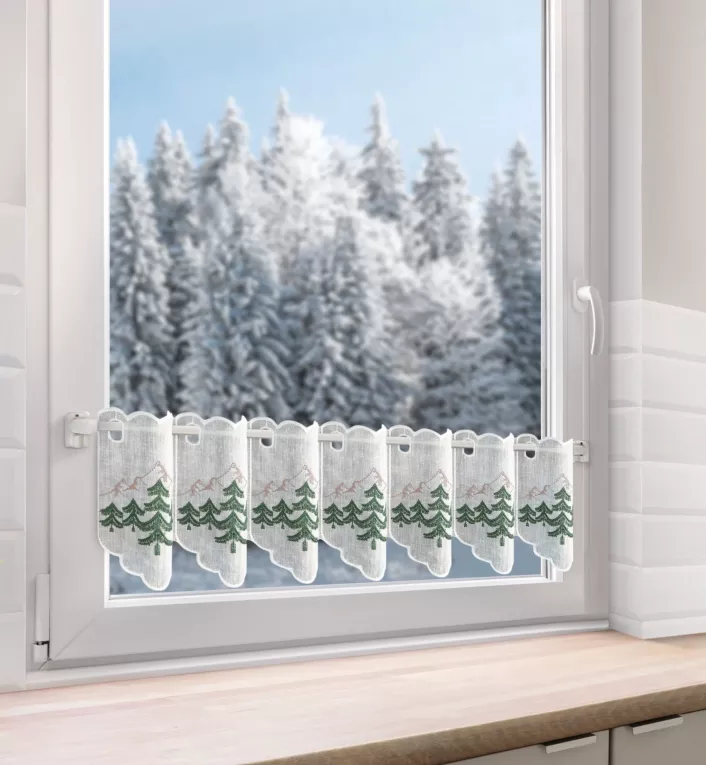 Tkanina firanowa zazdrostka z haftem świątecznym z motywem choinek Eurofirany