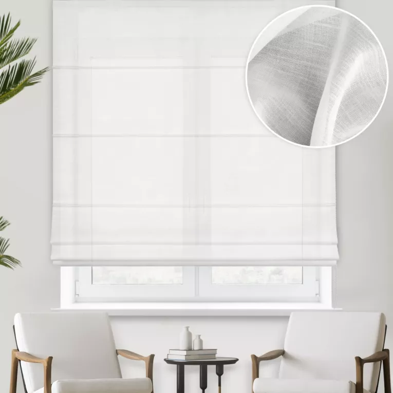 Roleta rzymska biała z gładkiej matowej etaminy o naturalnym splocie