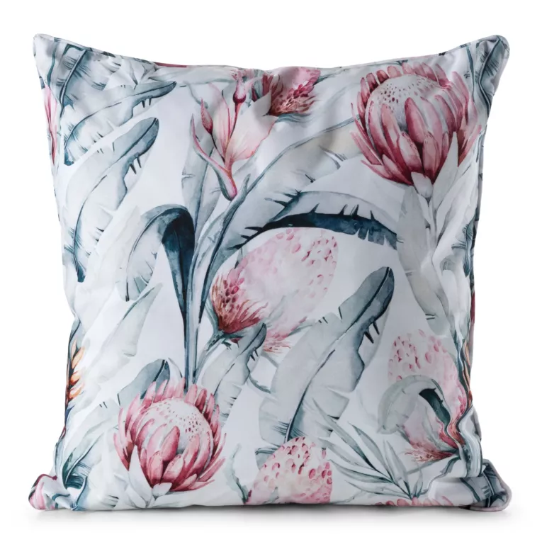 Poszewka na poduszkę 45x45 cm z tkaniny wodoodpornej na taras oraz balkon zdobiona nadrukiem subtelnych kwiatów biało, niebieska GARDEN Eurofirany