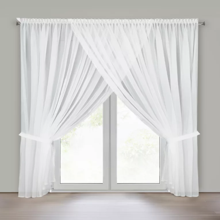 Firana biała z dekoracyjną koronką i troczkami 400x250 cm na taśmie - CAROLINE  Eurofirany