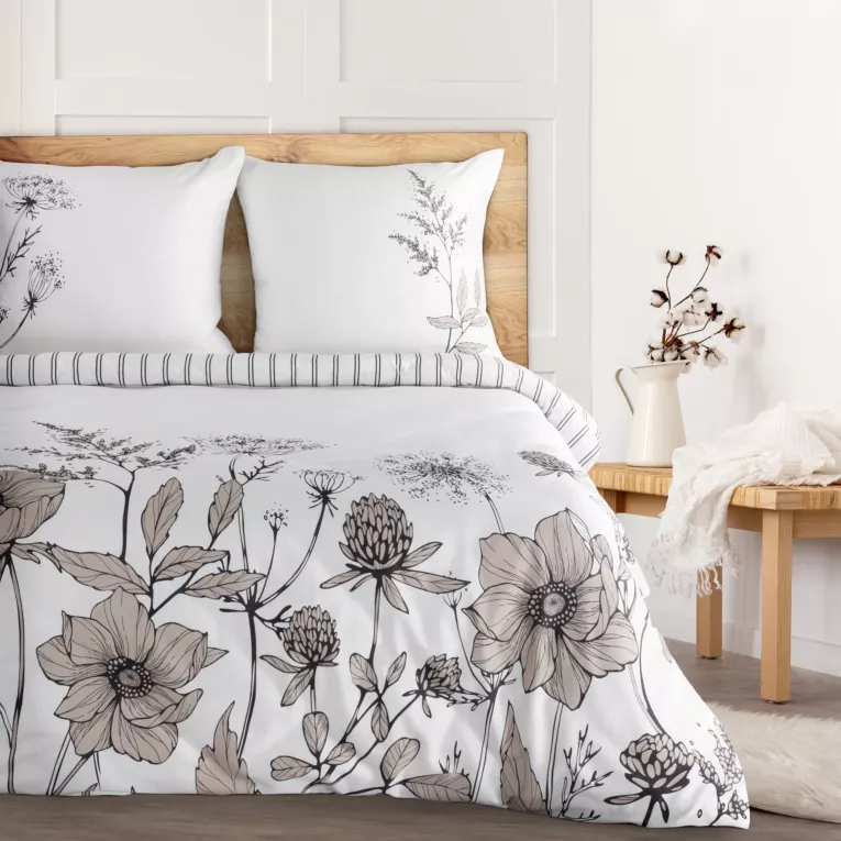 Pościel 220x200 cm bawełniana kolor biały, beżowy z motywem roślinnym AGNES Eurofirany Premium