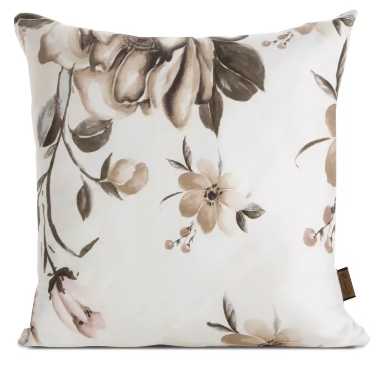 Poszewka na poduszkę 40x40 cm z satyny bawełnianej zdobiona nadrukiem kwiatów jasnokremowa, pudrowo różowa SPRING 41 Eurofirany