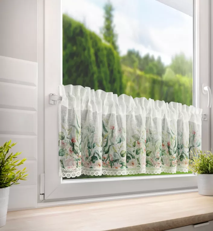 Zazdrostka biało, zielona z etaminy zdobiona nadrukiem kwiatów i koronką 150x30 cm tunel ESTERA Eurofirany