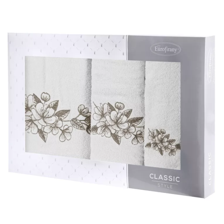 Zestaw ręczników bawełnianych 3 szt kolor kremowy, beżowy z haftowanym motywem kwiatu wiśni 400 g/m2 SOFIA Eurofirany
