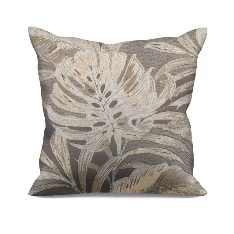 Poszewka szyta beżowo popielata z eleganckiej tkaniny w ciekawy, botaniczny wzór