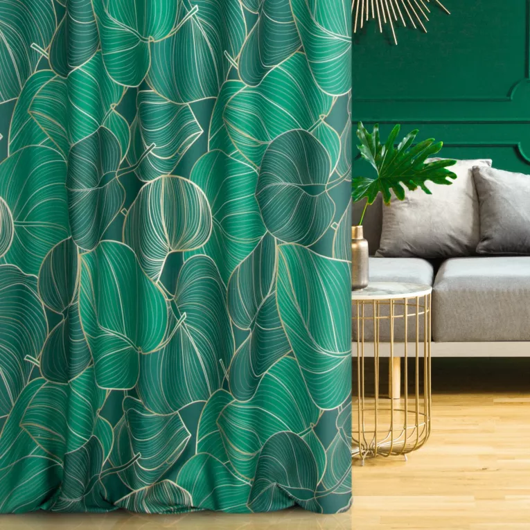 Zasłona szyta na przelotkach zielono złota z tkaniny o naturalnym splocie z botanicznym wzorem