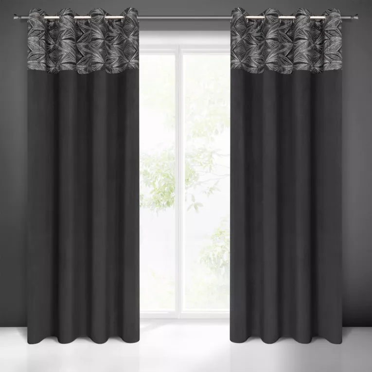 Zasłona czarno, srebrna z ozdobnym pasem z tkaniny welwetowej 140x250 cm przelotka ARIANA Eurofirany