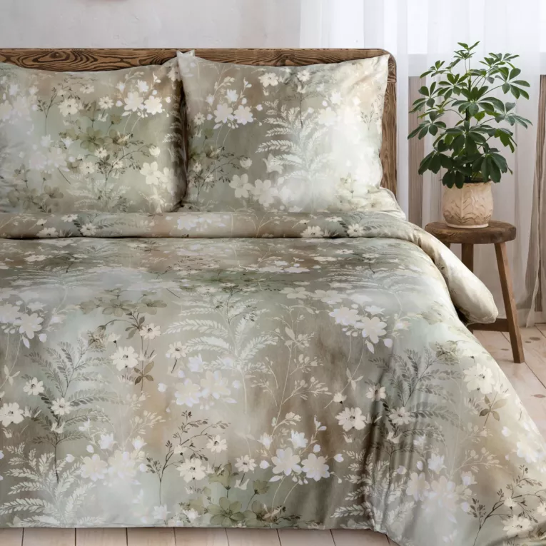 Pościel 160x200 cm z makosatyny bawełnianej kolor oliwkowo, biały z motywem kwiatów REINA 43 Eurofirany