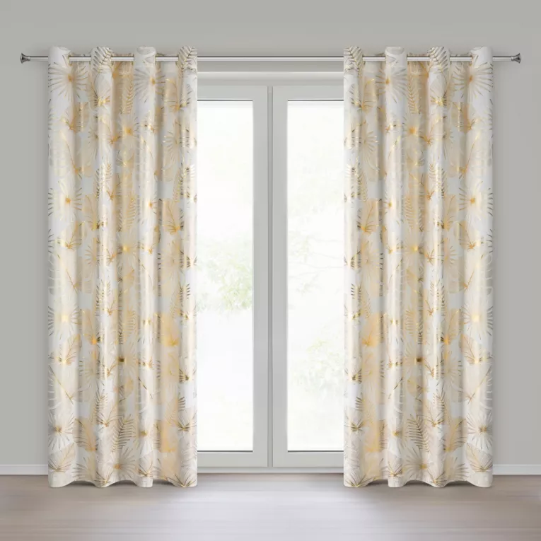 Zasłona kremowo, złota zdobiona błyszczącym motywem egzotycznych liści 140x250 cm przelotki - ZARIA - Eurofirany