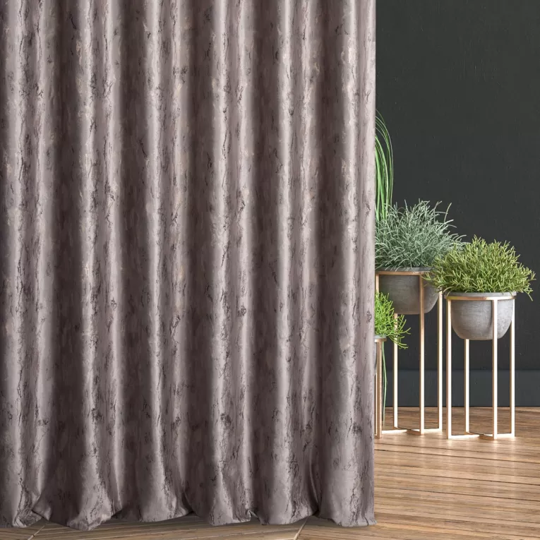 Zasłona szyta na taśmie fala jasnobrązowo złocista z tkaniny welwetowej ze złotym marmurkowym nadrukiem