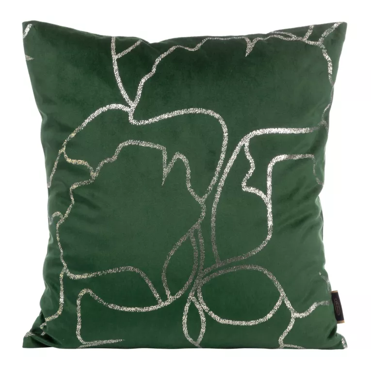 Poszewka na poduszkę 45x45 cm welwetowa ze złocistym nadrukiem z motywem liści miłorzębu ciemnozielona BLINK 35 Eurofirany