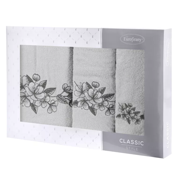 Zestaw ręczników bawełnianych 3 szt kolor srebrny,stalowy z haftowanym motywem kwiatu wiśni 400 g/m2 SOFIA Eurofirany