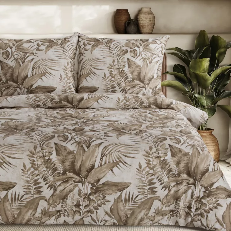Pościel 160x200 cm z satyny bawełnianej kolor beżowy, ciemnobeżowy z nadrukiem egzotycznych liści SPRING 46 Eurofirany