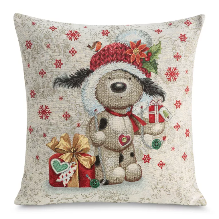 Poszewka na poduszkę 45x45 cm bawełniana, gobelinowa z mieszanki włókien z motywem misia naturalno, czerwona GOB Eurofirany