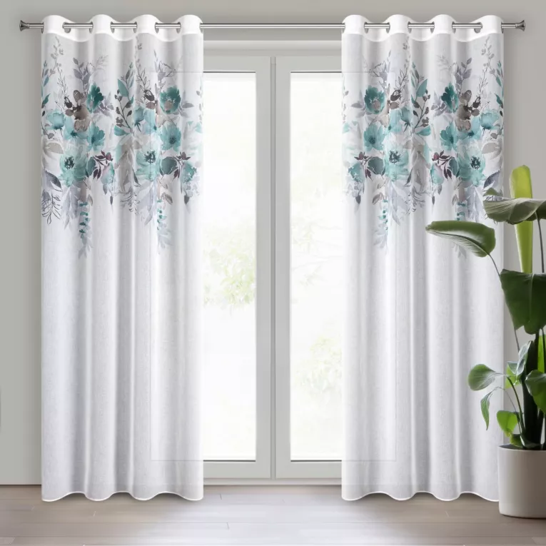 Zasłona biało, turkusowa zdobiona nadrukiem kwiatów z etaminy 140x250 przelotka GRETA Design 91