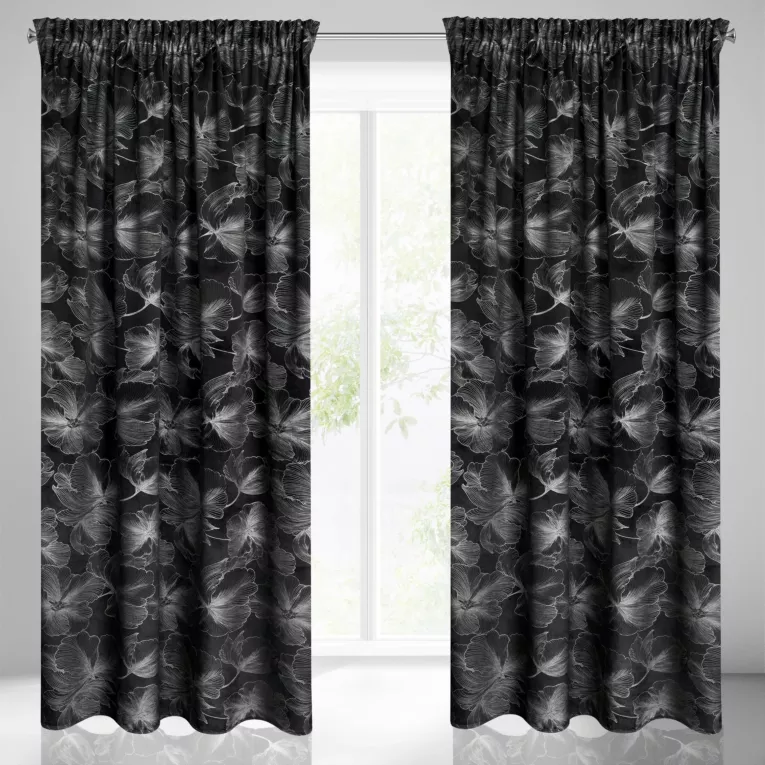 Zasłona czarna w srebrne kwiaty z błyszczącego welwetu 140x300 cm taśma STELLA Eurofirany