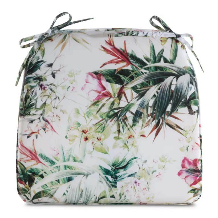 Poduszka na krzesło 38 x 40 x 4 cm wodoodporna biało, zielona zdobione roślinnym wzorem GARDEN Eurofirany