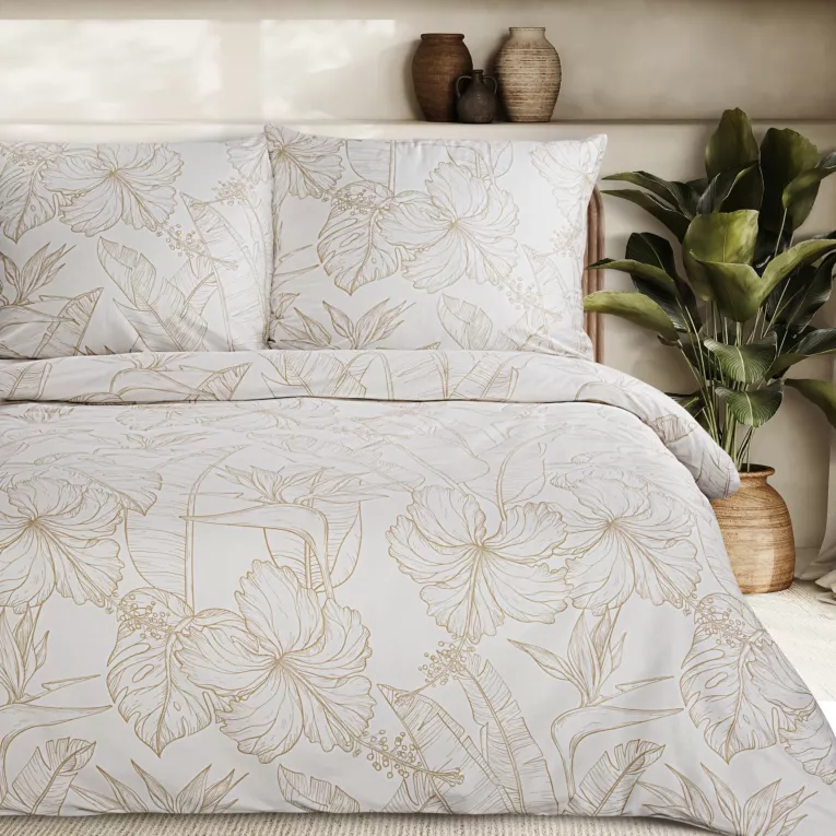 Pościel 140x200 cm z satyny bawełnianej kolor biały, beżowy z roślinnym wzorem SPRING 50 Eurofirany