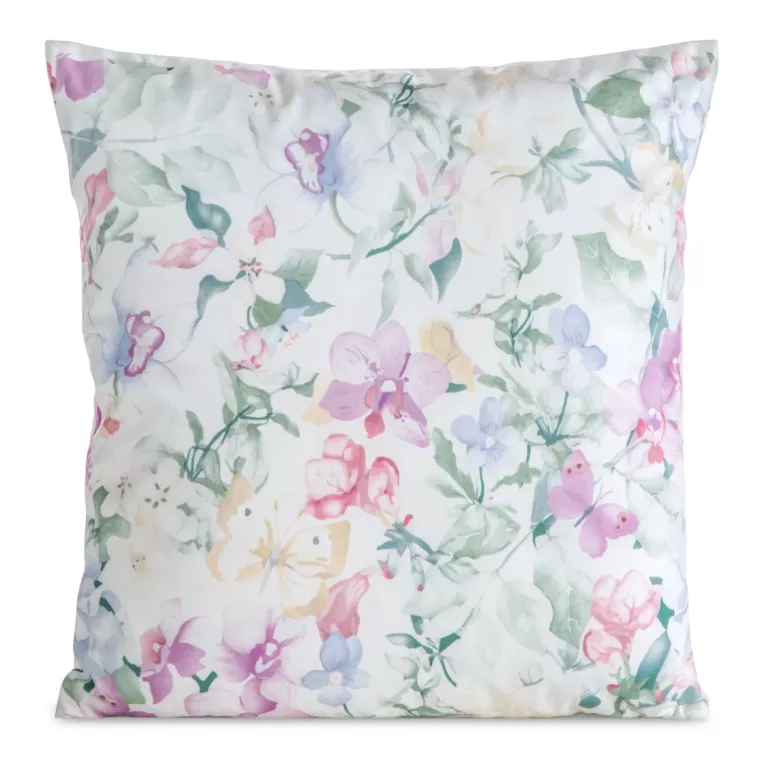 Poszewka na poduszkę 45x45 cm welwetowa zdobiona nadrukiem letnich kwiatów biało, zielona MINK Eurofirany