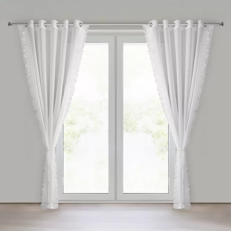 Firana biała z szyfonu zdobiona falbanką na brzegach w komplecie ozdobny troczek 140x250 cm  przelotki - LUISA Eurofirany