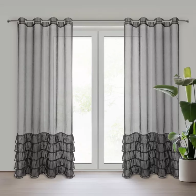 Firana czarna z etaminy zdobiona falbanami i lśniącym pasem kryształków 140x250 cm przelotka CARLI Eurofirany