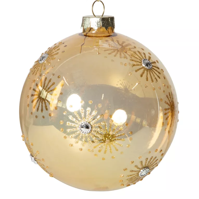 Złota półprzezroczysta szklana bombka choinkowa z dżetami 10 cm Eurofirany