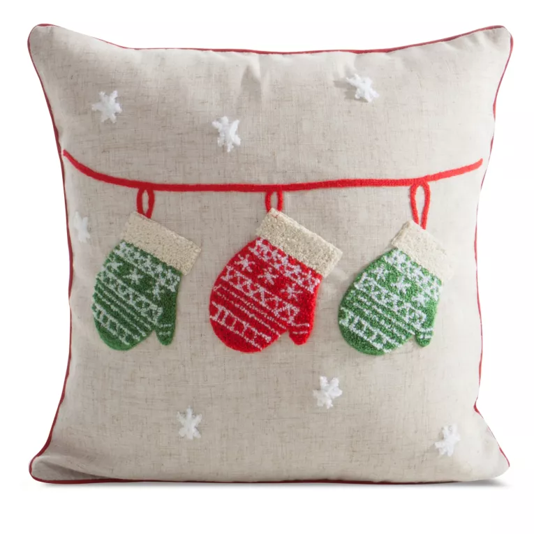 Poszewka na poduszkę świąteczna 45x45 cm o strukturze lnu beżowo, czerwona zdobiona uroczą aplikacją Eurofirany