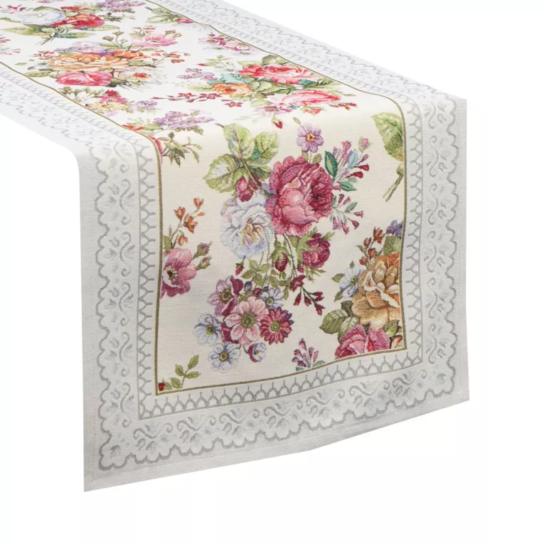 Bieżnik na stół jasnoszaro, różowy 40x100 cm gobelinowy zdobiony tkanym motywem kwiatowym