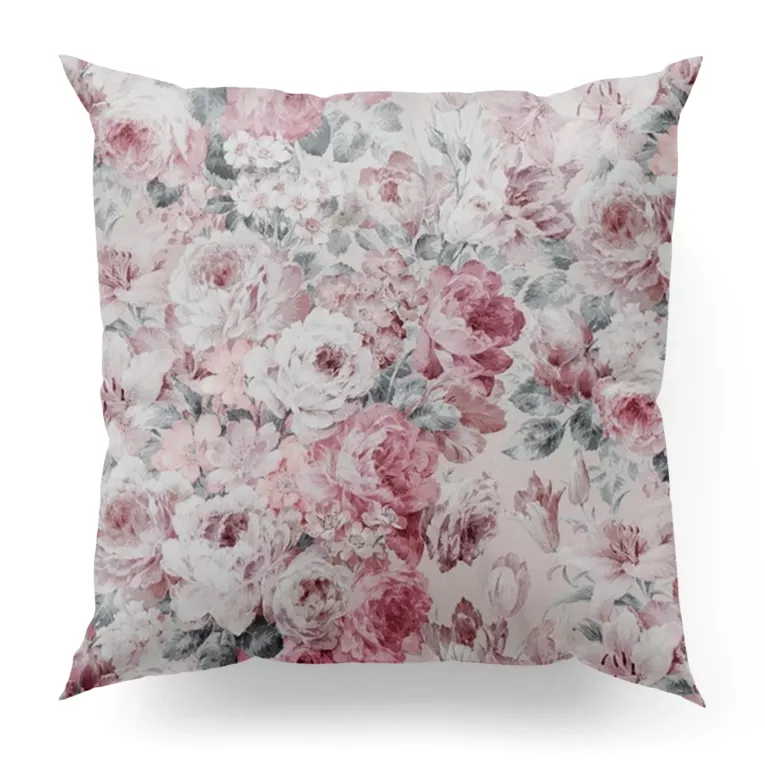 Poszewka szyta różowo popielata z tkaniny o naturalnym splocie z nadrukowanym kwiatowym wzorem