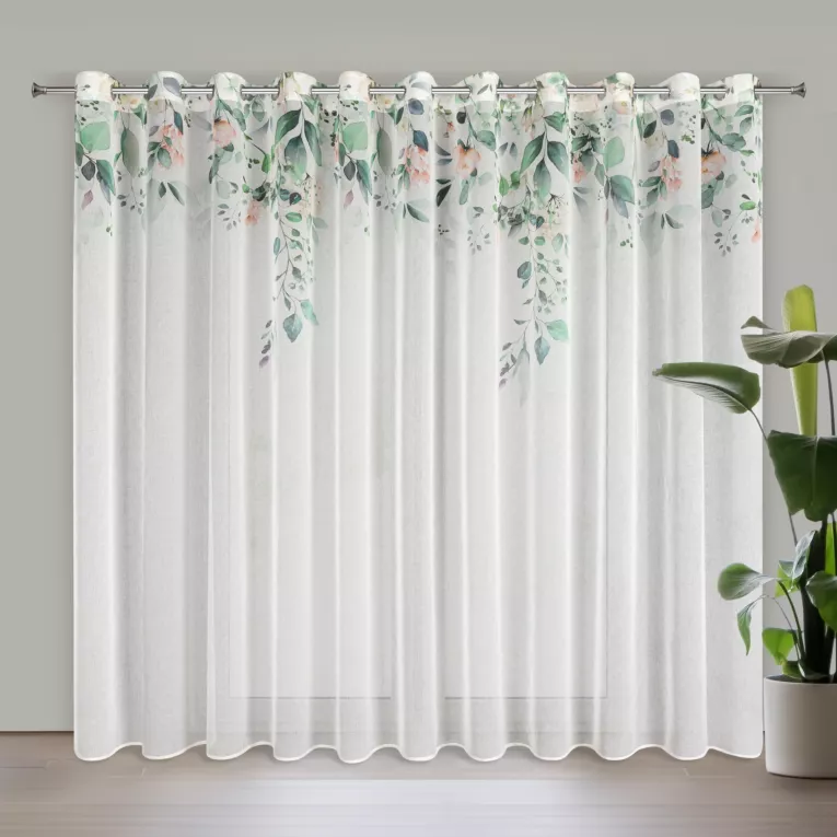 Dekoracja okienna biało, zielona z lekkiej etaminy z motywem letnich kwiatów 350x250 cm przelotka NIKI Eurofirany